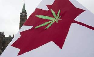 Un drapeau canadien orné d'une feuille de cannabis devant le Parlement à Ottawa, le 20 avril 2015.