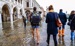 Des touristes à Venise lors d'une inondation exceptionnelle, le 13 novembre 2019.