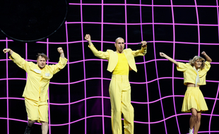 Le groupe lituanien The Roop lors de sa première répétition sur la scène de l'Eurovision, à Rotterdam (Pays-Bas), le 8 mai 2021.