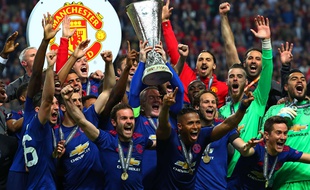 La joie des joueurs de Manchester United lors de leur victoire en Ligue Europa, le 28 mai 2017.