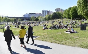 Des promeneurs dans le Tantolunden park à Stockholm en Suède, le 30 mai 2020.