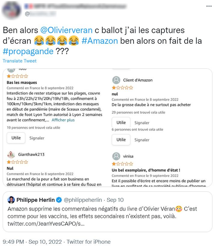 Capture d'écran d'un des tweets viraux relevant des commentaires supprimés.