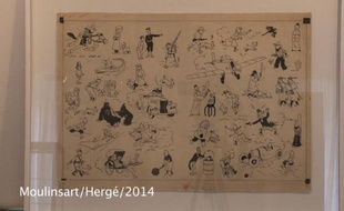 Image extraite d'une vidéo montrant une planche originale de Tintin signée par Hergé en 1937 vendue aux enchères à Paris le 24 mai 2014 pour 2,519 millions d'euros par la maison de ventes Artcurial