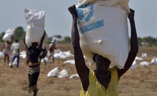 Des villageois portent le 23 février 2015 des sacs de nourriture parachutés par le Programme alimentaire mondial (PAM) près de leur village à Nyal, en Soudan du Sud, près de la frontière avec le Soudan