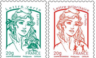 Photomontage des nouveaux timbres Marianne, présentés officiellement le 14 juillet 2013.