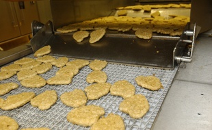 Des ouvriers supervisent la production de nuggets de poulet dans une usine de Saint-Cyr-en-Val près d'Orléans.