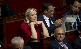 Marine Le Pen à l'Assemblée aux côtés des députés RN Louis Aliot et Sébastien Chenu, le 31 juillet 2018.