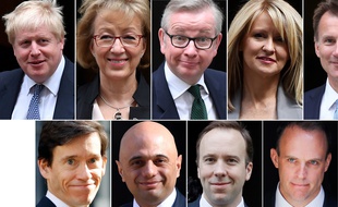 Voici les portraits des prétendants pour prendre la tête du parti conservateur après Theresa May: de gauche à droite Boris Johson, Andrea Leadsom, Michael Gove, Esther McVey, Jeremy Hunt, Rory Stewart, Sajid Javid, Matt Hancock et Dominic Raab.