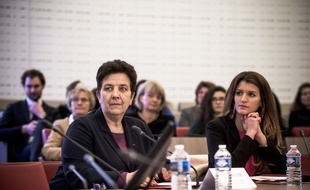Frédérique Vidal et Marlène Schiappa à l'université Paris Dauphine, le 19 Mars 2018, pour lancer la campagne