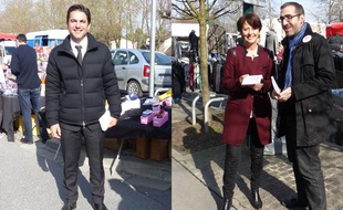 Arnaud Robinet, candidat UMP à la mairie de Reims, et Adeline Hazan maire PS de Reims , le 7 mars 2014.