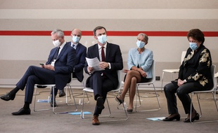 Bruno Le Maire, Jean-Michel Blanquer, Elisabeth Borne, Roselyne Bachelot et Olivier Véran, le 29 octobre 2020 à la conférence de presse de Jean Castex.