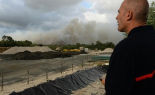 Un pompier observe la fumée dégagée par un incendie de forêt le 24 juillet 2015 près de Saint-Jean d'Illac, à 20 km de Bordeaux