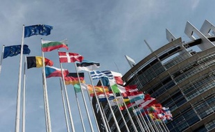 Des drapeaux devant le Parlement européen de Strasbourg, le 11 mars 2014