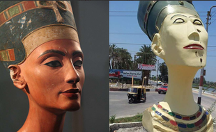La réplique ratée du buste de Néfertiti, exposée en juillet 2015 à l'entrée d'un village en Egypte, fait polémique.