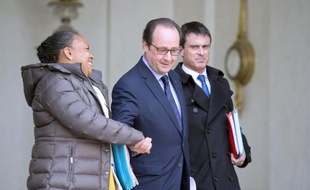 Christiane Taubira, François Hollande et Manuel Valls à l'Elysée à l'issue du Conseil des ministres le 11 mars 2015 à Paris