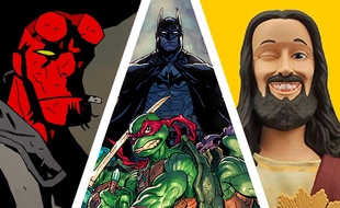 Hellboy (à gauche), Batman et les Tortues Ninja (au centre) et Buddy Jésus (à droite)