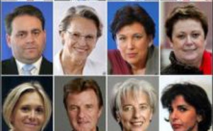 Le gouvernement Fillon: de G à D et de H en B: Francois Fillon, Alain Juppé, Jean-Louis Borloo, Brice Hortefeux, Xavier Bertrand, Michèle Alliot-Marie, Roselyne Bachelot, Christine Boutin, Valérie Pécresse, Bernard Kouchner, Rachida Dati, Hervé Morin, Christine Albanel, Xavier Darcos et Eric Woerth.
