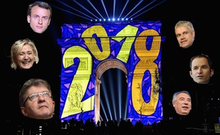 Collage 20 Minutes/Sipa de l'Arc de triomphe à Paris pour le passage de 2018, avec Emmanuel Macron, Marine Le Pen, Jean-Luc Mélenchon, Laurent Wauquiez, Benoît Hamon et François Bayrou