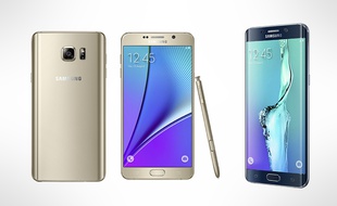 Le Galaxy Note 5 (à gauche) et le Galaxy S6 edge+, à droite, dévoilés le 13 août 2015 par Samsung.