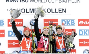 Marie Dorin-Habert a remporté le sprint lors des Mondiaux de biathlon, le 7 mars 2015.