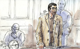 Dessin de presse du procès d'Adlène Hicheur, le 29 mars 2012.