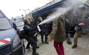 Les forces de l'ordre repoussent des participants à la «Manif pour tous», qui veulent accéder aux Champs Elysées malgré l'interdiction, le 24 mars 2013, à Paris.