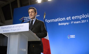 Nicolas Sarkozy lors de son discours sur la Formation et l'emploi à Bobigny (Seine Saint Denis) le 1er mars 2011