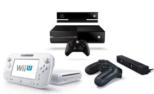 La Wii U, la Xbox One et la manette de la PS4, alors que le design de la Playstation 4 est encore inconnu.