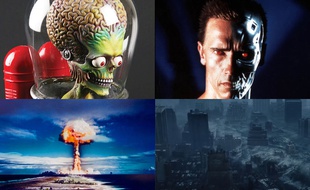 Mars Attacks!, de Tim Burton, Arnold Schwarzenegger dans Terminator de James Cameron, Champignon nucléaire, Le jour d'après de Roland Emmerich.
