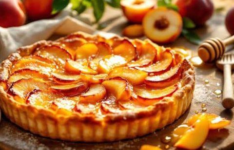 Ultra croustillante et dorée, cette tarte minute aux pêches et miel sent bon l’été et la convivialité