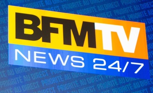 Logo de la chaîne d'information en continu BFM TV lors de la conférence de presse de rentrée le 5 septembre 2012.