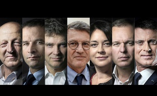 Les sept candidats à la primaire de la gauche : Jean-Luc Bennahmias, Benoît Hamon, Arnaud Montebourg, Vincent Peillon, Sylvia Pinel, François de Rugy et Manuel Valls.