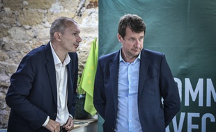 David Cormand et Yannick Jadot, deux cadres d'EELV, le 17 mai 2019 à Paris.