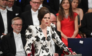Sara Danius, ex-secrétaire perpétuelle de l'Académie suédoise, lors d'un discours le 10 décembre 2017 à Stockholm (Suède).