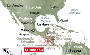 Carte de localisation de l'épicentre du séisme de magnitude 7,3 qui a frappé les côtes du Salvador et du Nicaragua, le 14 octobre 2014.