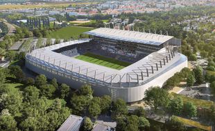 Le futur stade de la Meinau, qui devrait être terminé en septembre 2025, avec une tribune sud complètement refaite et plus haute que les autres.