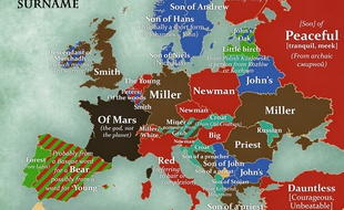 Carte d'Europe des noms de famille les plus communs.