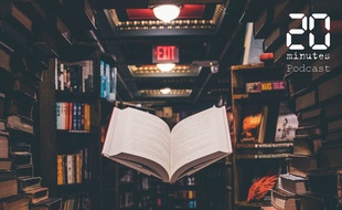 Illustration d'un livre flottant dans une bibliothèque