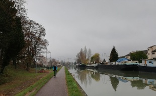 Le long du canal de la Marne au Rhin à Strasbourg doit désormais être aménagée une autoroute du vélo, en contrebas (à gauche) de la piste actuelle, partagée avec les piétons et nettement moins sécurisée.