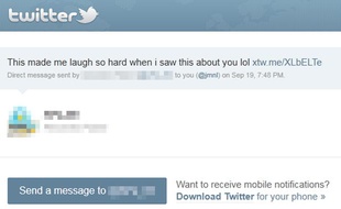 Capture d'écran d'une notification de direct message malveillant sur Twitter.
