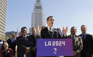 Eric Garcetti, le maire de Los Angeles, lors d'une conférence de presse sur la candidature de la ville à l'organisation des JO 2024, le 25 janvier 2017.