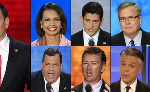 7 potentiels candidats républicains pour 2016: Marco Rubio, Condoleezza Rice, Paul Ryan, Jeb Bush, Chris Christie, Rand Paul et Jon Huntsman.