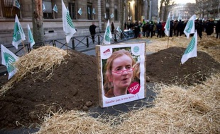 Des agriculteurs ont posé des affiches à l'effigie de la ministre de l'Environnement Nathalie Kosciusko-Morizet chaussée au moyen d'un photo-montage de lunettes rouges rappelant celles d'Eva Joly, candidate d'Europe Ecologie-Les Verts (EELV) à la présidentielle