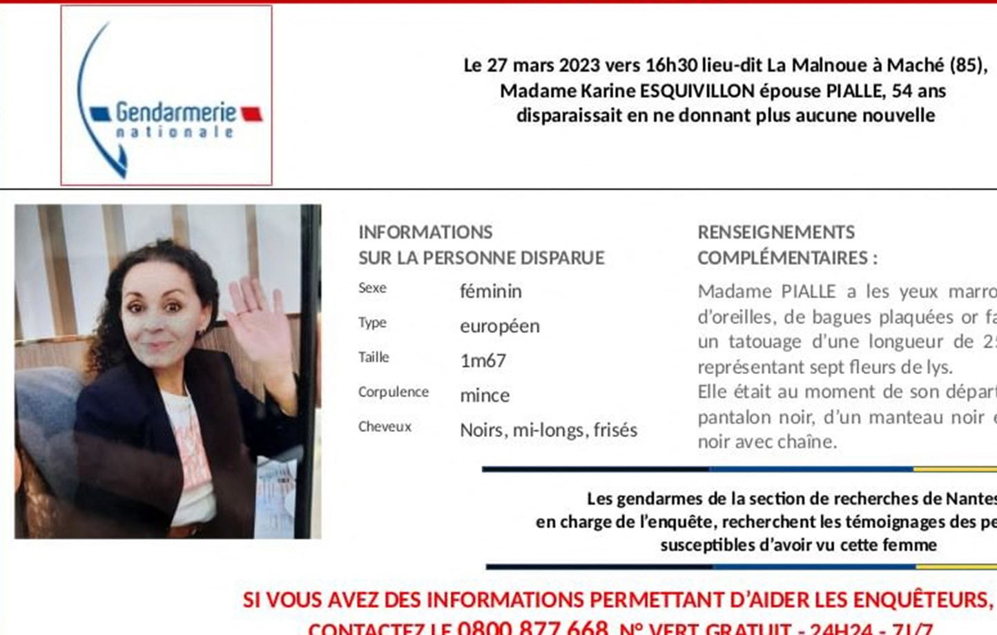 Un appel à témoins a été lancé par la gendarmerie après la disparition de Karine Esquivillon.