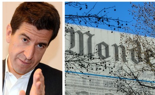 Collage SIPA/20 Minutes/Fotor de Matthieu Pigasse, actionnaire du groupe Le Monde, et une illustration du quotidien Le Monde