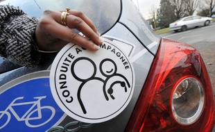 Une personne montre, le 13 janvier 2009 à Caen, un autocollant à apposer sur le véhicule d'un jeune conducteur en «conduite accompagnée».