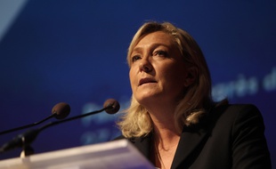 Marine Le Pen delivers au Palais des congres de Perpignan le 27 juin 2015. AFP PHOTO / RAYMOND ROIG