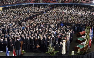 Hommage à trois des six victimes de la fusillade dans une mosquée de Québec, le 2 février 2017 à Montréal (Canada).