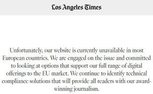 Capture écran du site du «Los Angeles Times», inaccessible depuis la mise en place du RGPD
