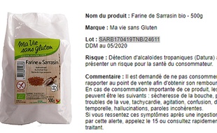 La Direction de la concurrence de la consommation et de la répression des fraudes (DGCCRF) a alerté ce mardi des risques que présente, pour la santé des consommateurs, un lot de paquets de 500 grammes de farine sarrasin bio et sans gluten.